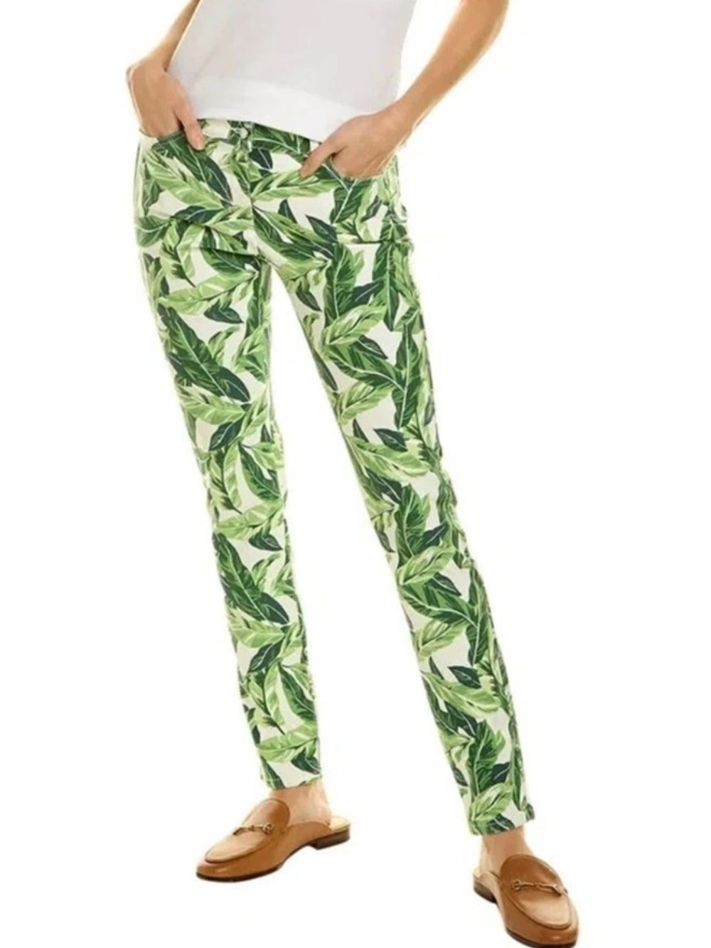 J.McLaughlin Lexi Slim Straight Jeans Green Tropical Palm Leaf Print Size 6